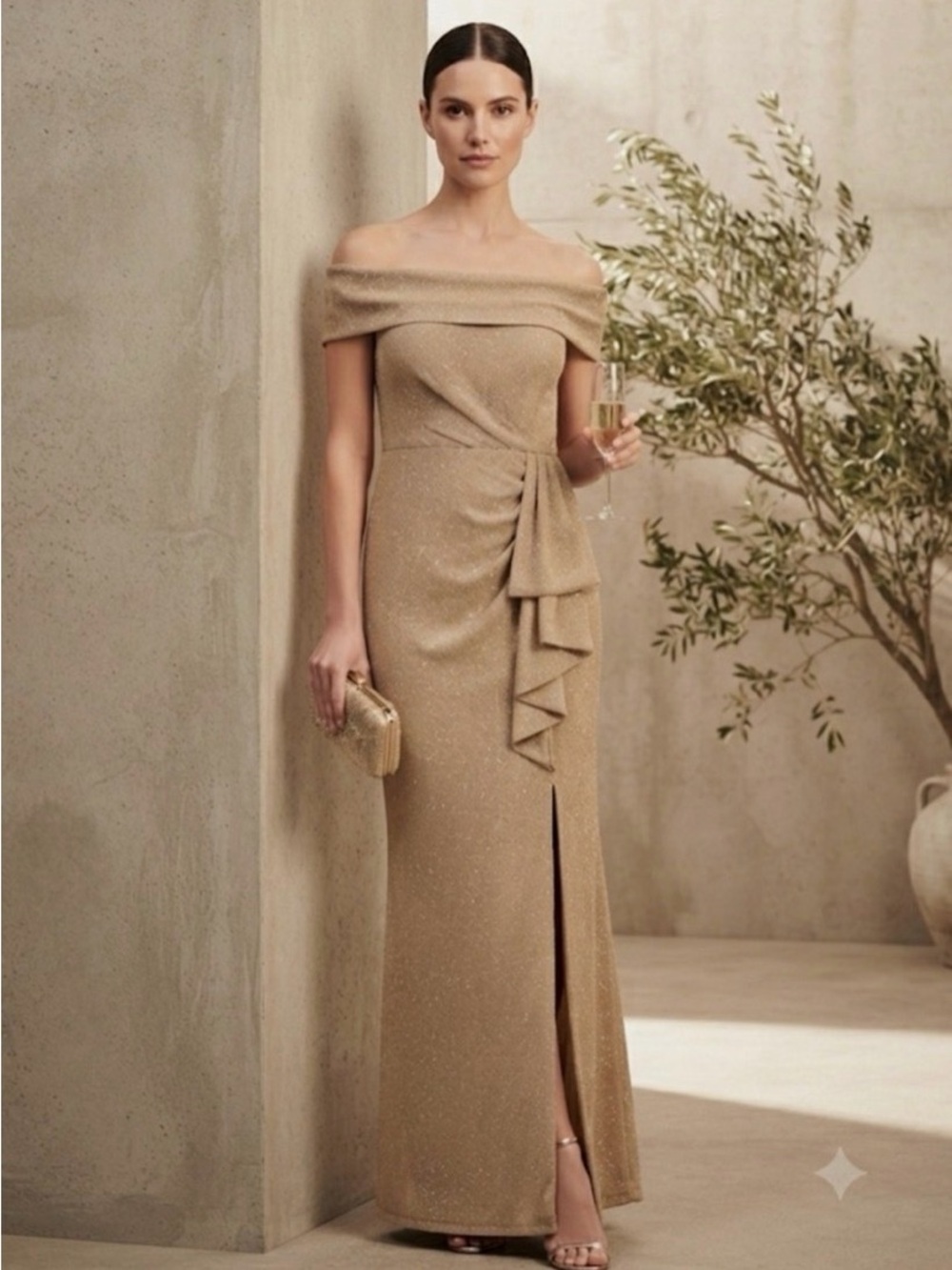 XSCAPE Gold Metallic Off-The-Shoulder Evening Gown